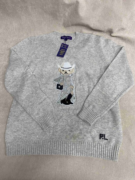Polo Ralph Lauren Sweaters - Polo Ralph Lauren Cowgirl Bear Patch Grey Crewneck Wool Blend Sweater